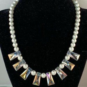 White Faux Pearl Necklace With Clear Iridescent Crystals (NA57)